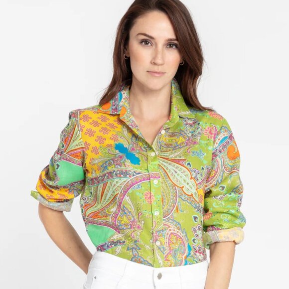 Hinson Wu Reese Long Sleeve Luxe Linen Boho Green Paisley Shirt Size XS NWT - Picture 2 of 12